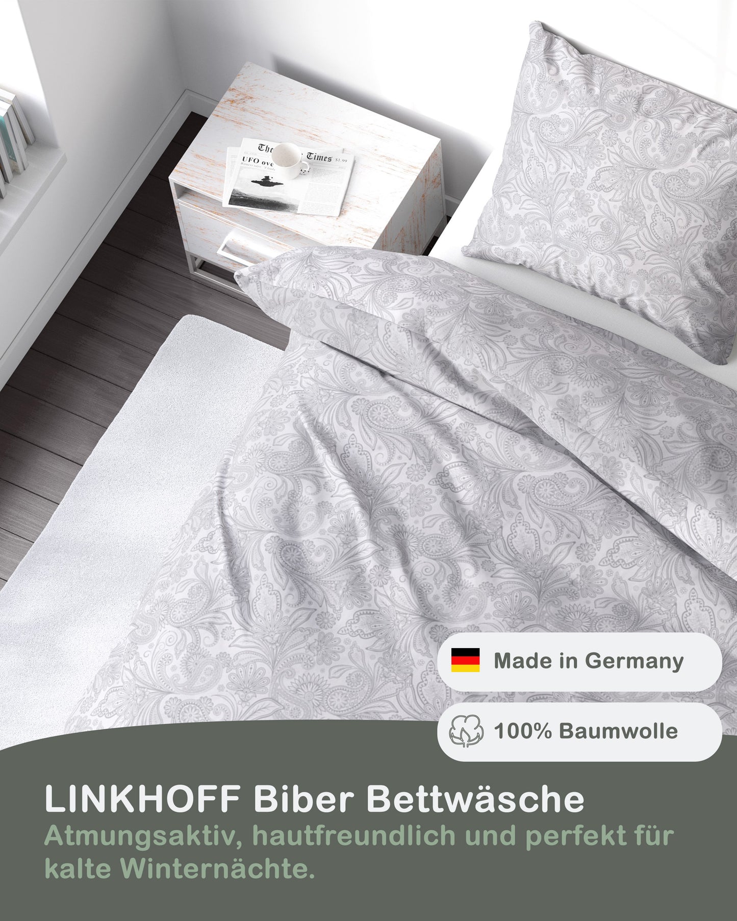 Biber Bettwäsche-Set Blumen in Weiß Grau