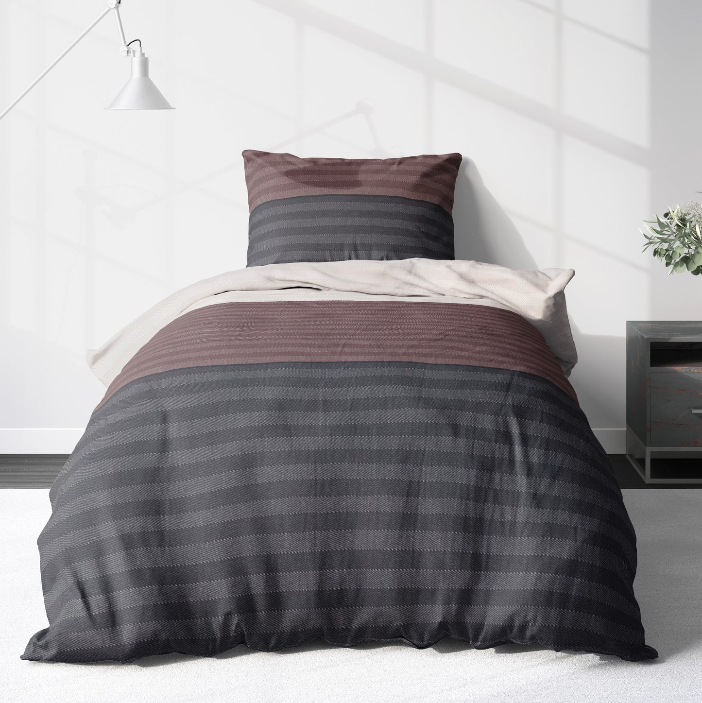 Biber Bettwäsche-Set 135x200cm Querstreifen in Beige Braun