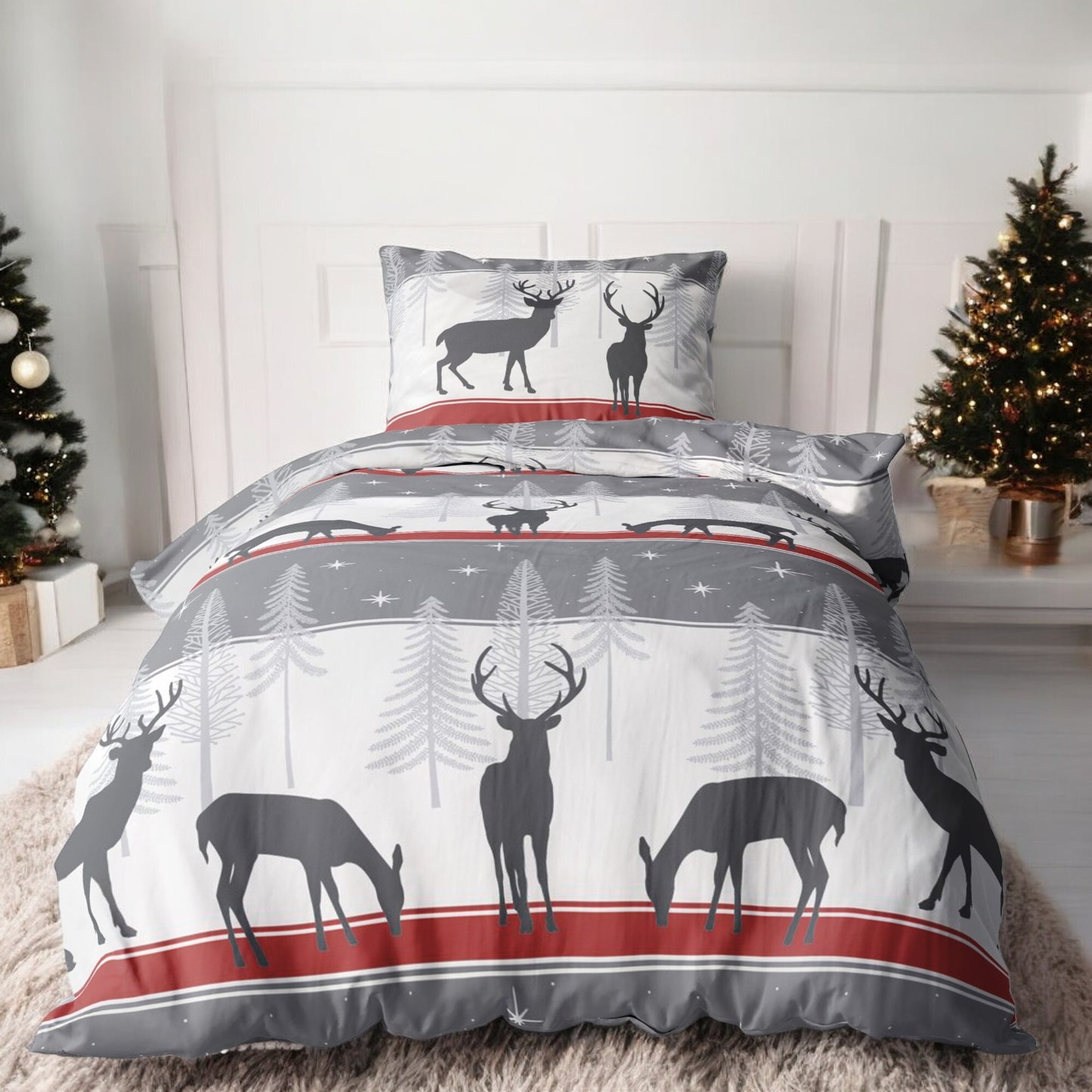 Biber Bettwäsche-Set Cozy Christmas in Grau Rot Weihnachtsbettwäsche