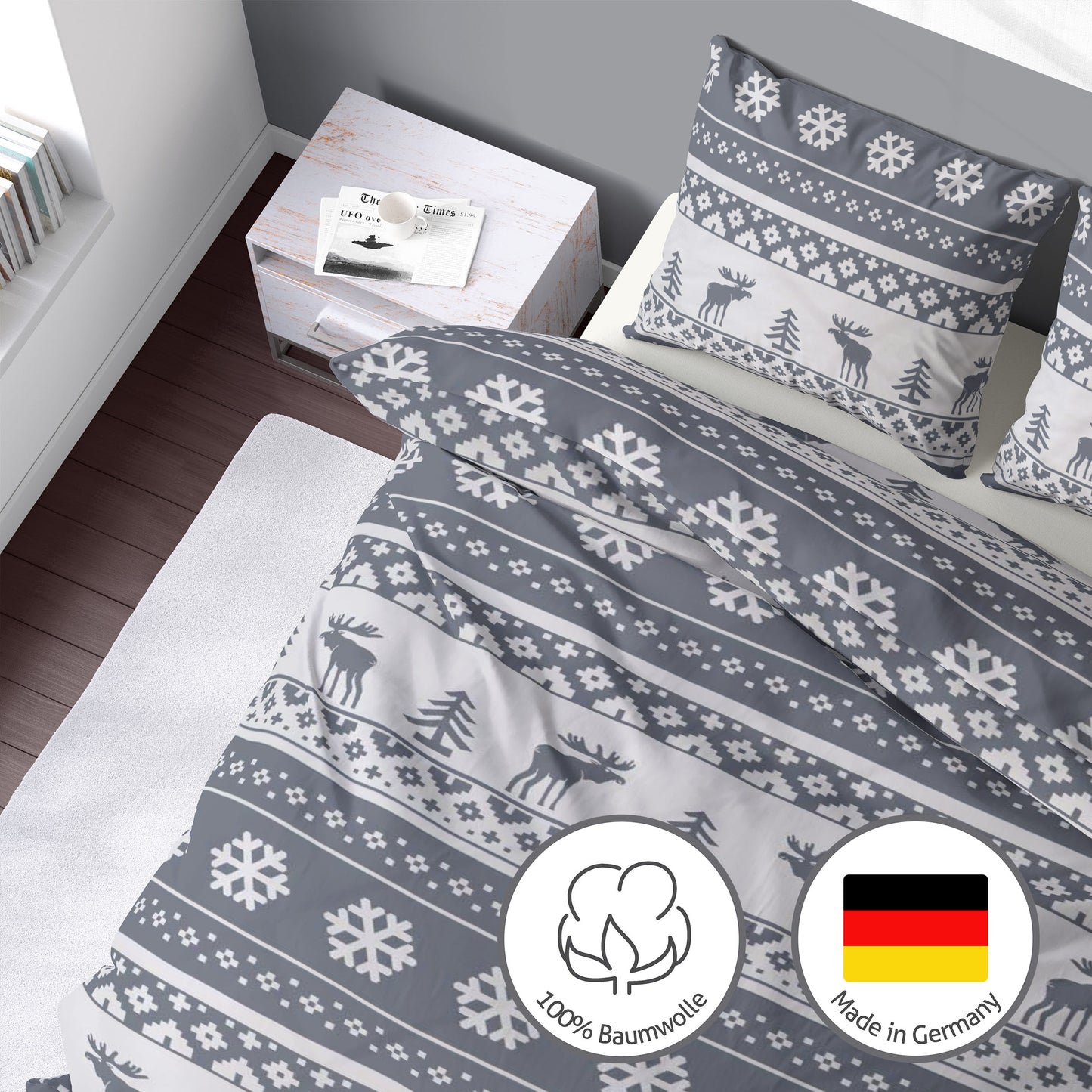 Biber Bettwäsche-Set 135x200cm Christmas in Grau Weiß