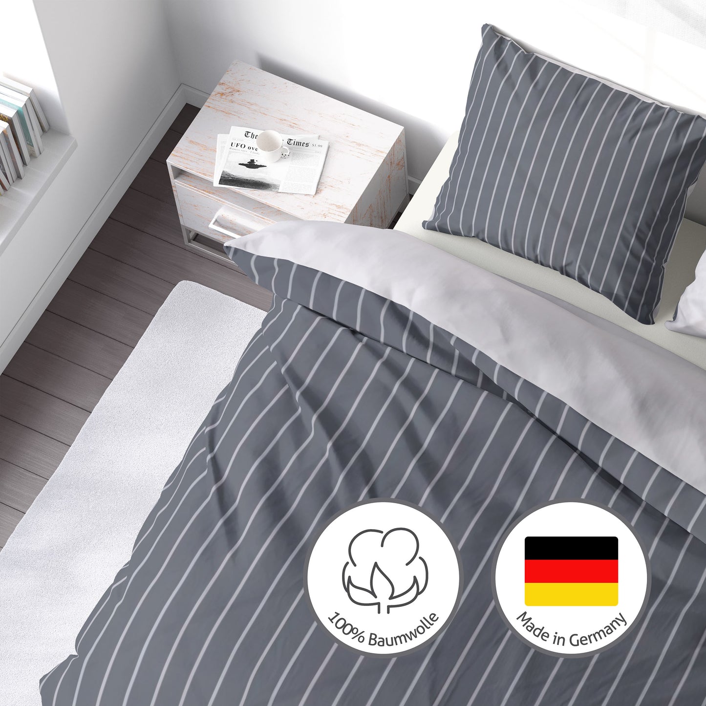 Wendebettwäsche Biber Bettwäsche-Set Unifarben / Nadelstreifen in Grau Anthrazit