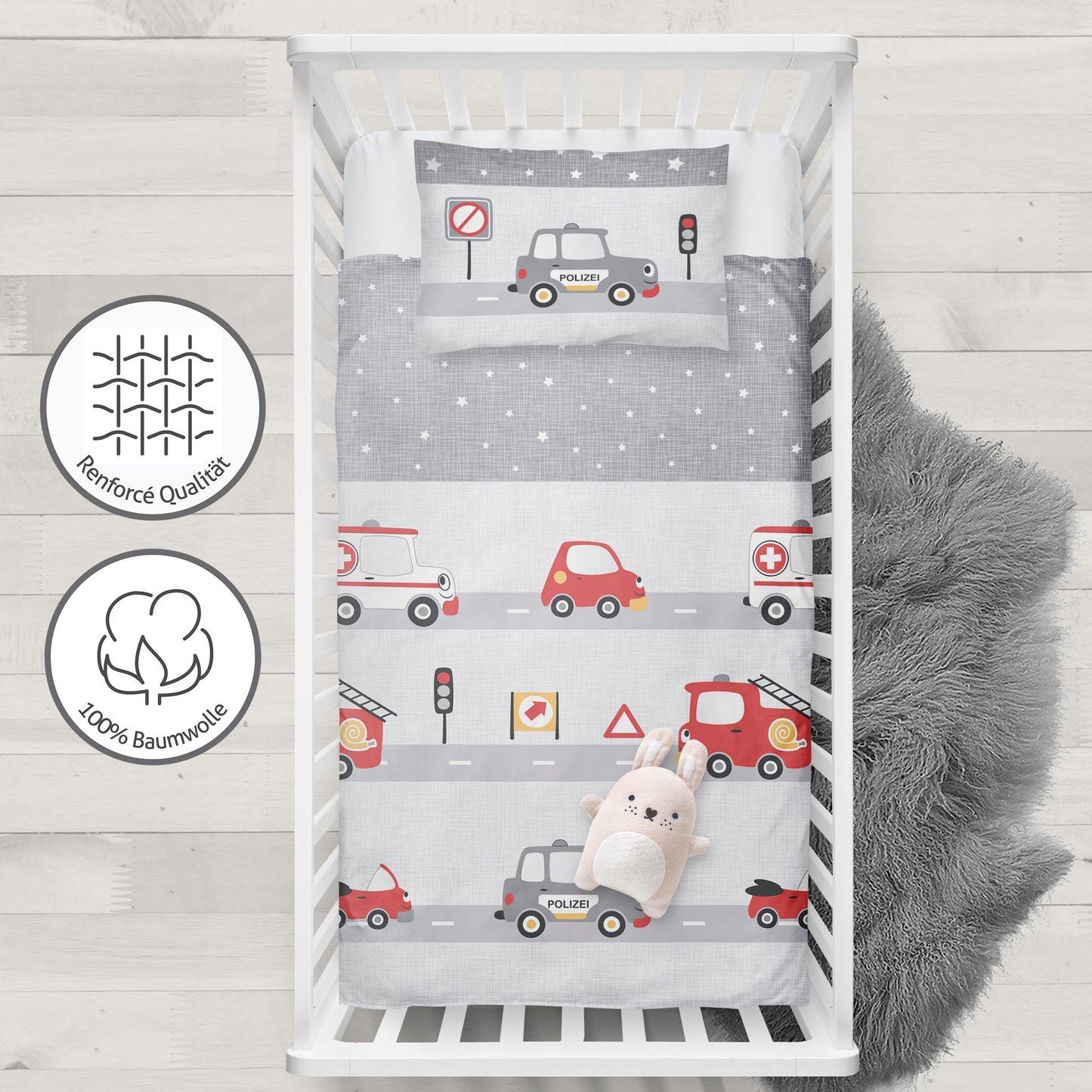 Biber Bettwäsche-Set 100x135cm Polizei/Feuerwehr in Rot Silber