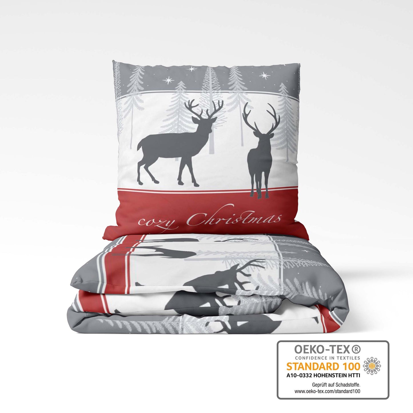 Biber Bettwäsche-Set Cozy Christmas in Grau Rot Weihnachtsbettwäsche