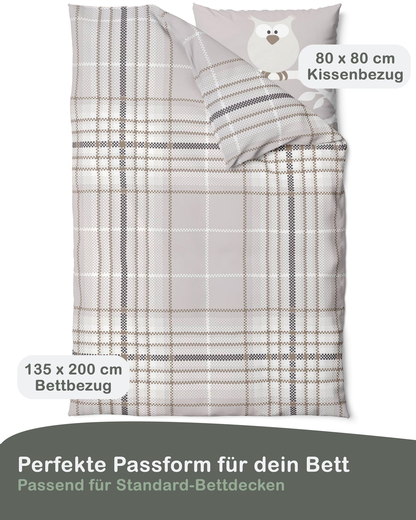 Biber Bettwäsche-Set 135x200cm Eulenmotiv in Beige