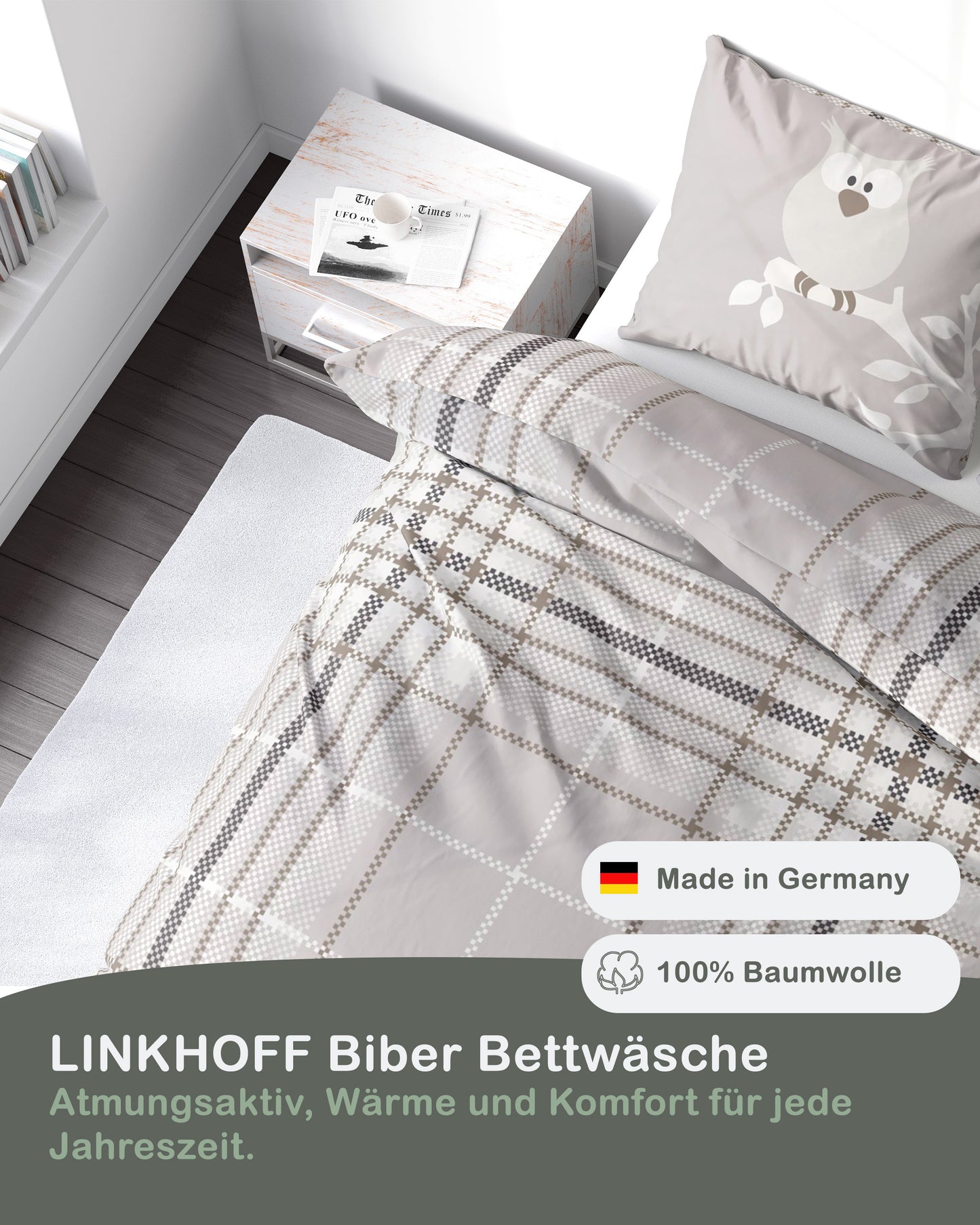 Biber Bettwäsche-Set 135x200cm Eulenmotiv in Beige