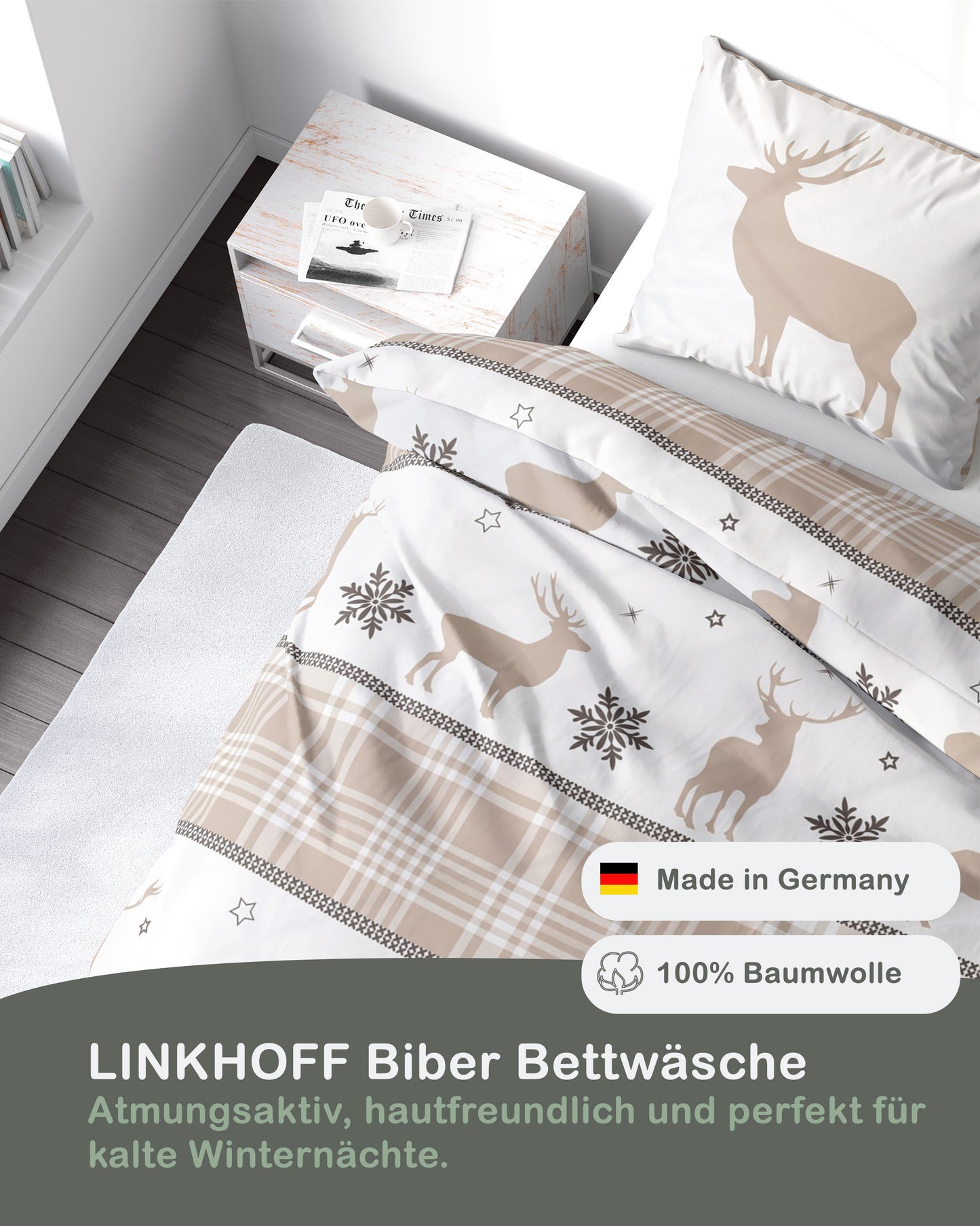 Biber Bettwäsche-Set Hirsche Weihnachten in Beige