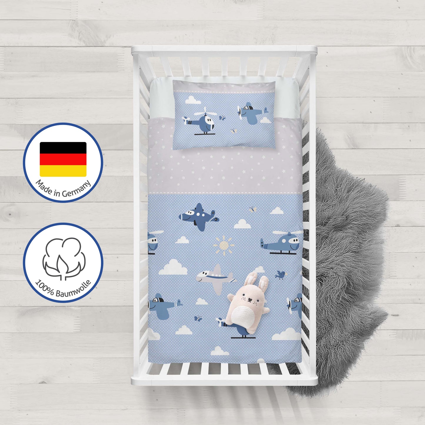 Biber Bettwäsche-Set 100x135cm Flugzeuge Blau