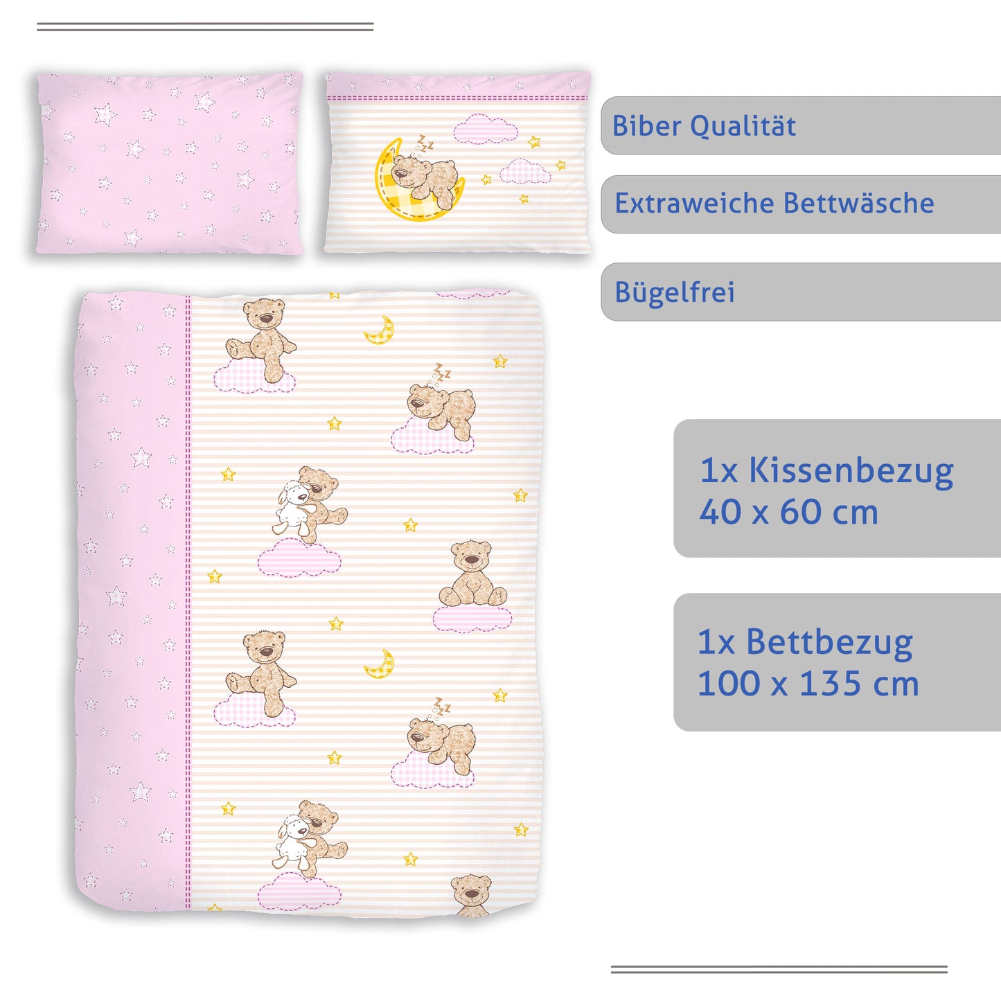 Biber Bettwäsche-Set 100x135cm Teddy in Rosa