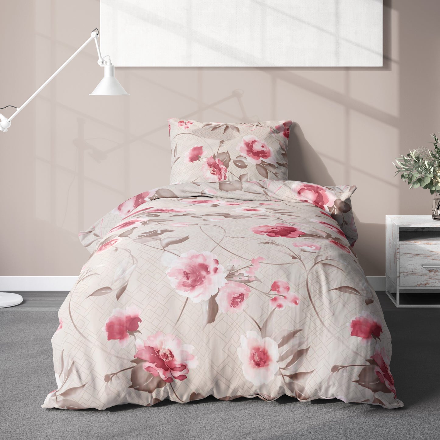 Biber Bettwäsche-Set Rosen & Blumen in Creme Rosa