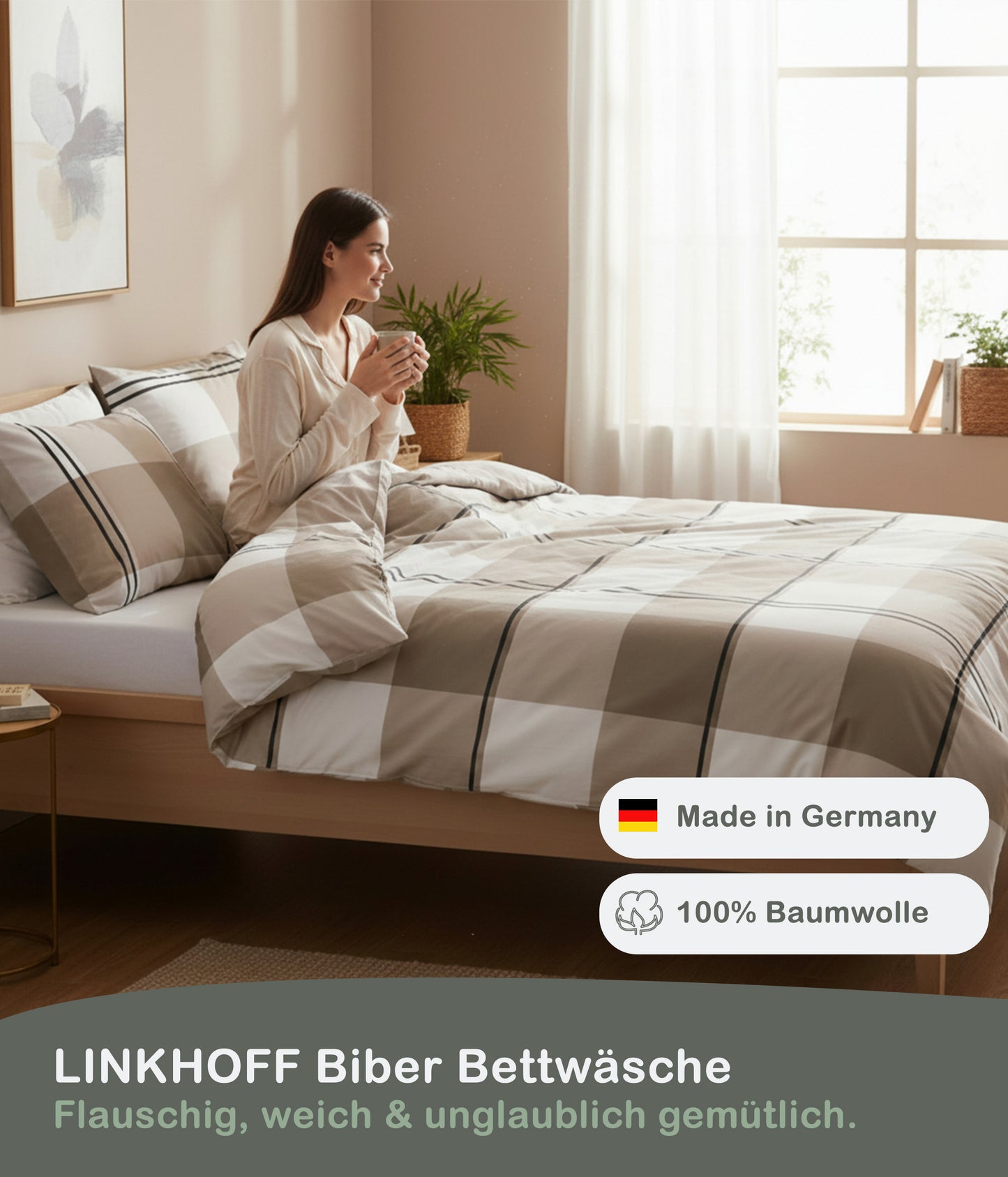 Biber Bettwäsche-Set Karo in Beige