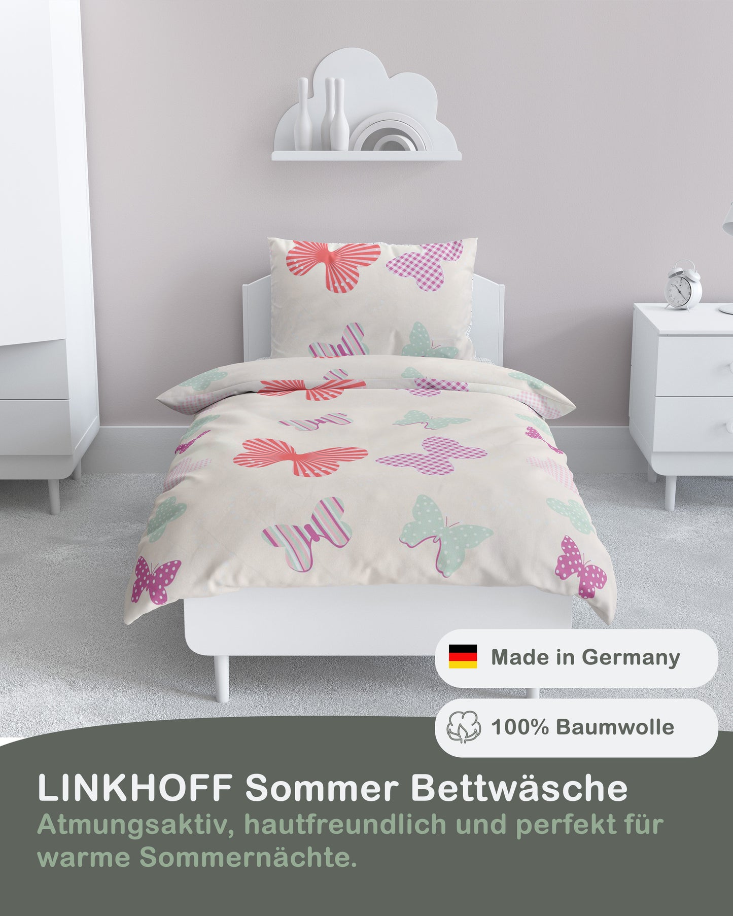 Renforce Bettwäsche-Set 135x200cm Schmetterling in Creme Rosa