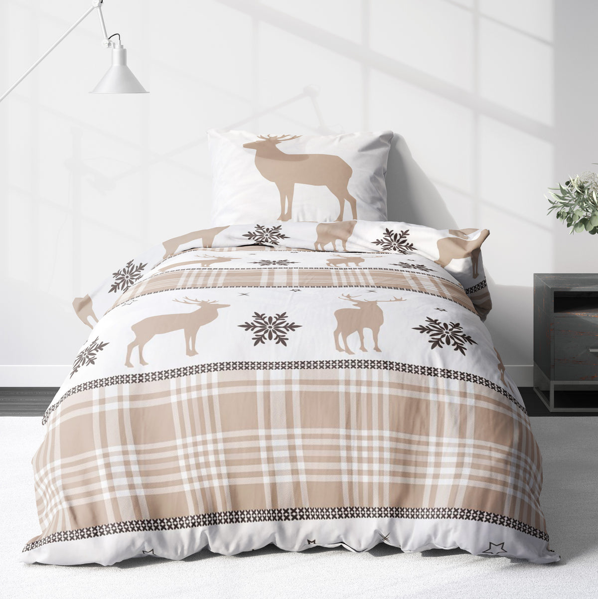 Biber Bettwäsche-Set Hirsche Weihnachten in Beige