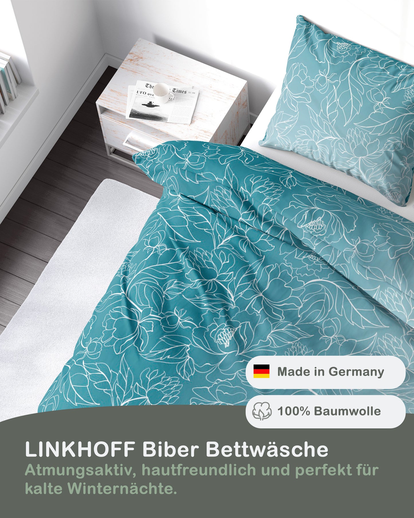 Biber Bettwäsche-Set Rankendesign Türkis Weiß