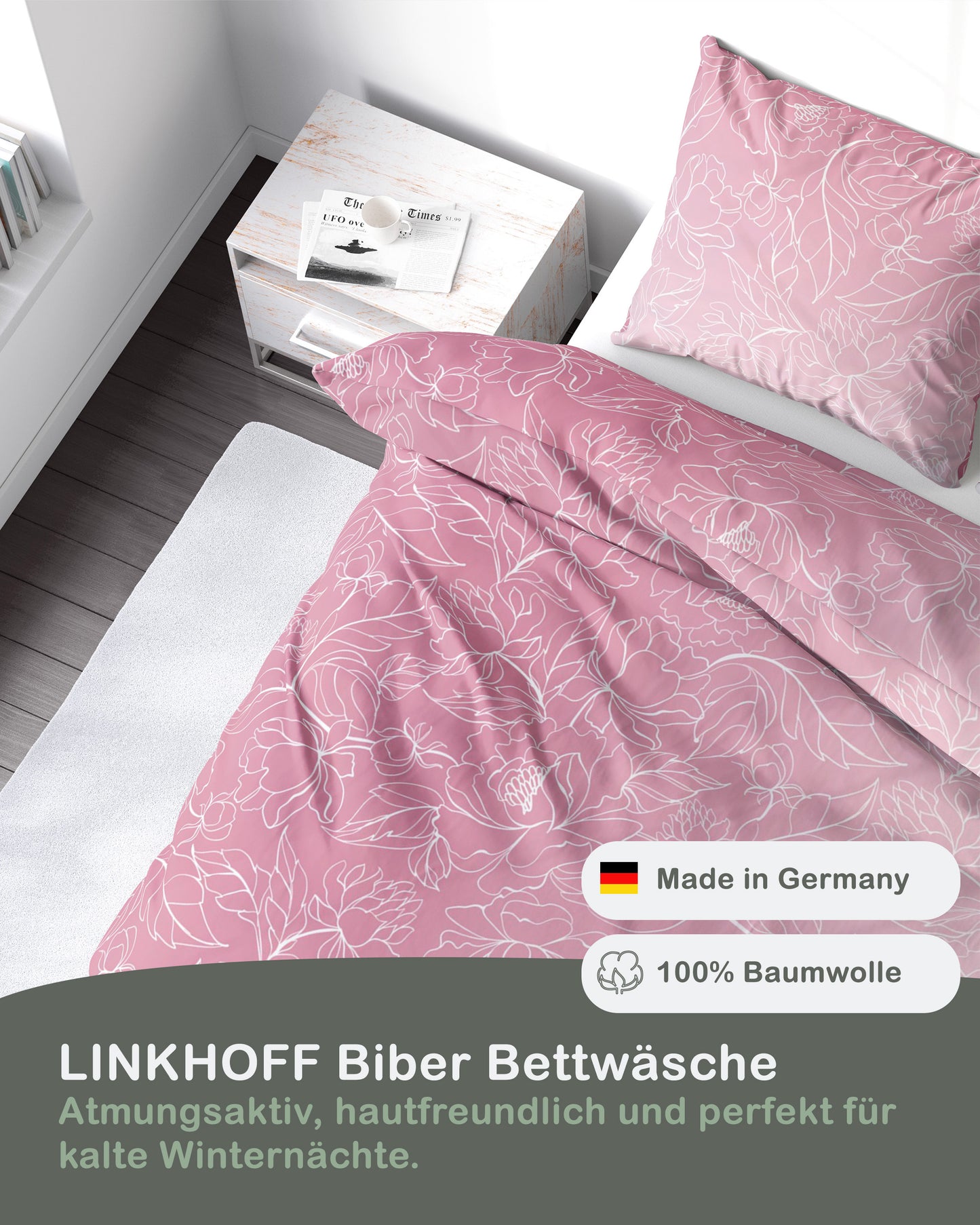 Biber Bettwäsche-Set Rankendesign Rosa Weiß