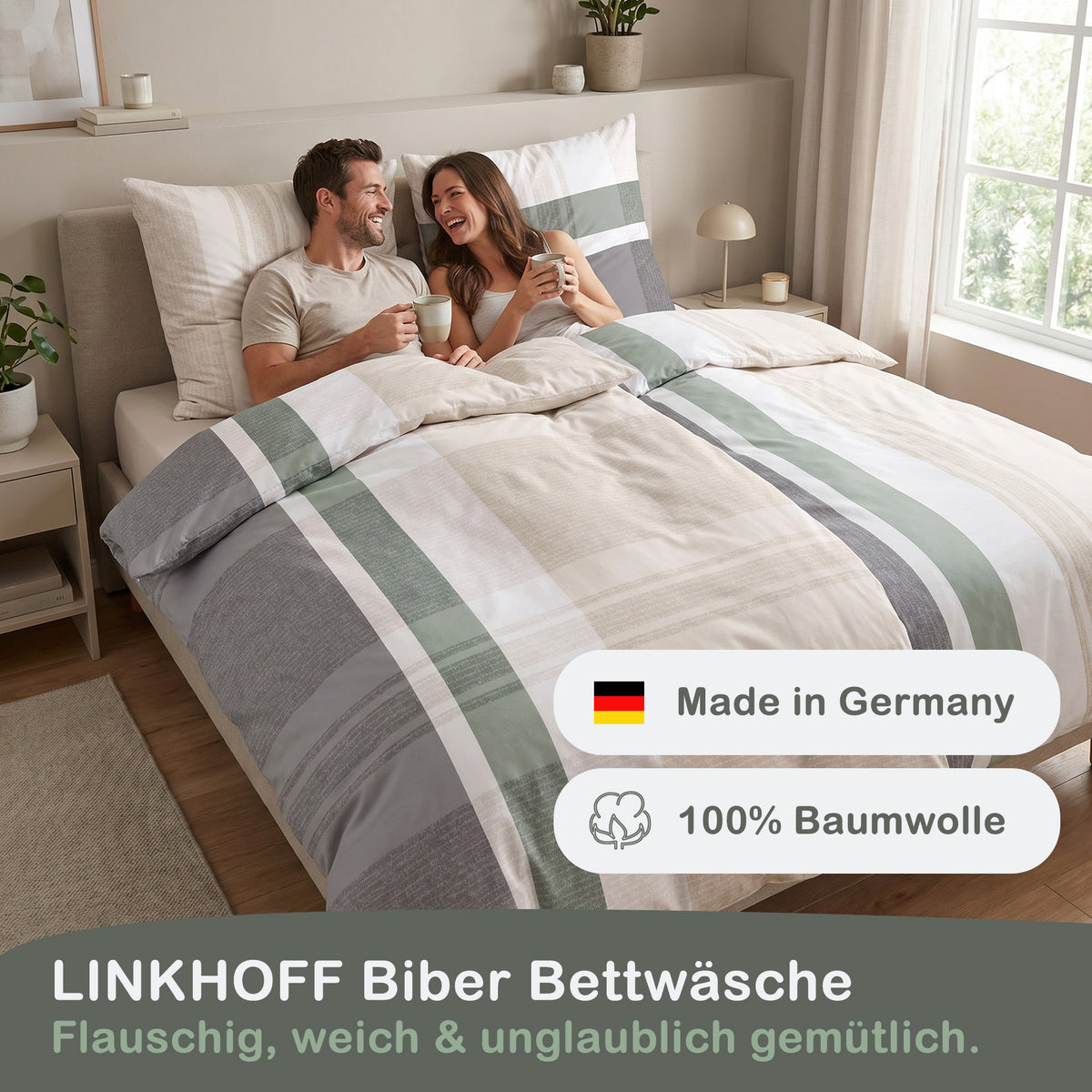 Biber Bettwäsche-Set Beige Streifen