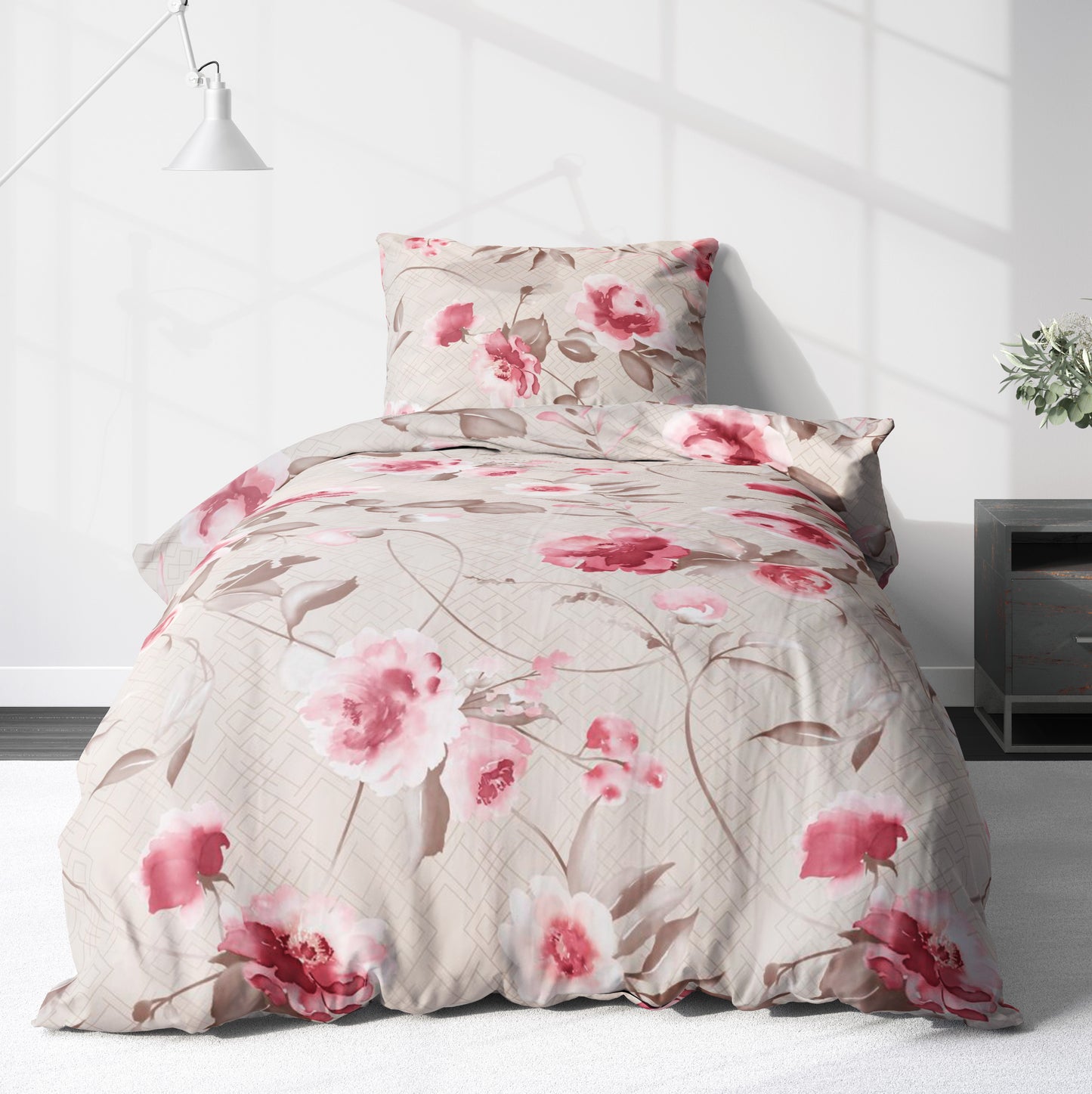 Biber Bettwäsche-Set Rosen & Blumen in Creme Rosa