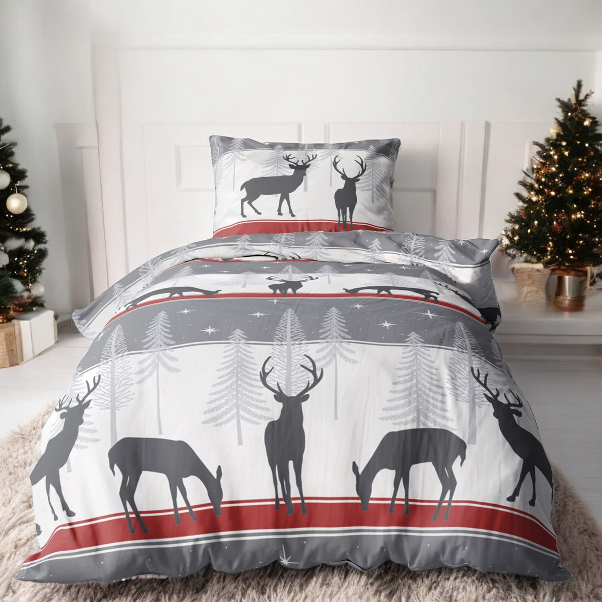Biber Bettwäsche-Set Cozy Christmas in Grau Rot Weihnachtsbettwäsche – LINKHOFF