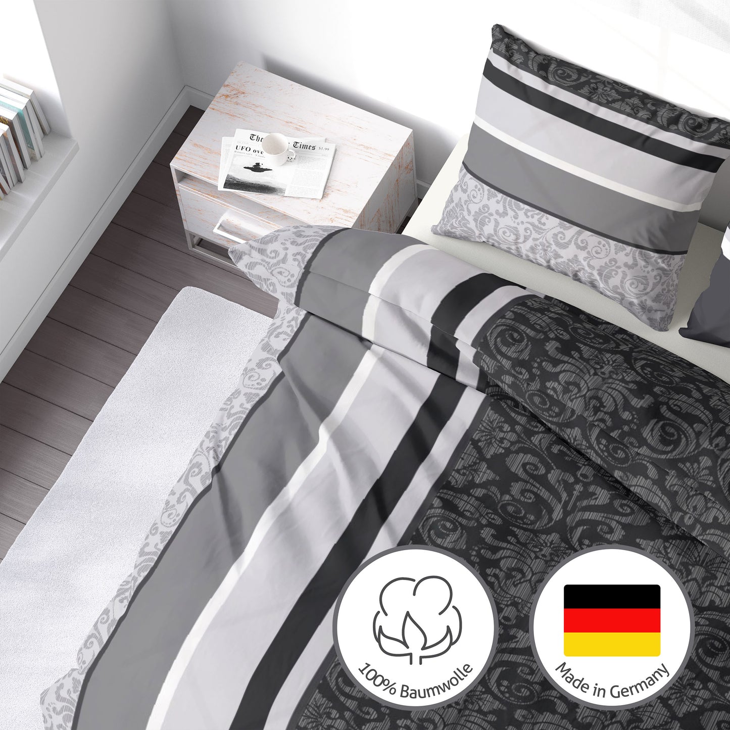 Biber Bettwäsche-Set Ornamente Brokat in Anthrazit