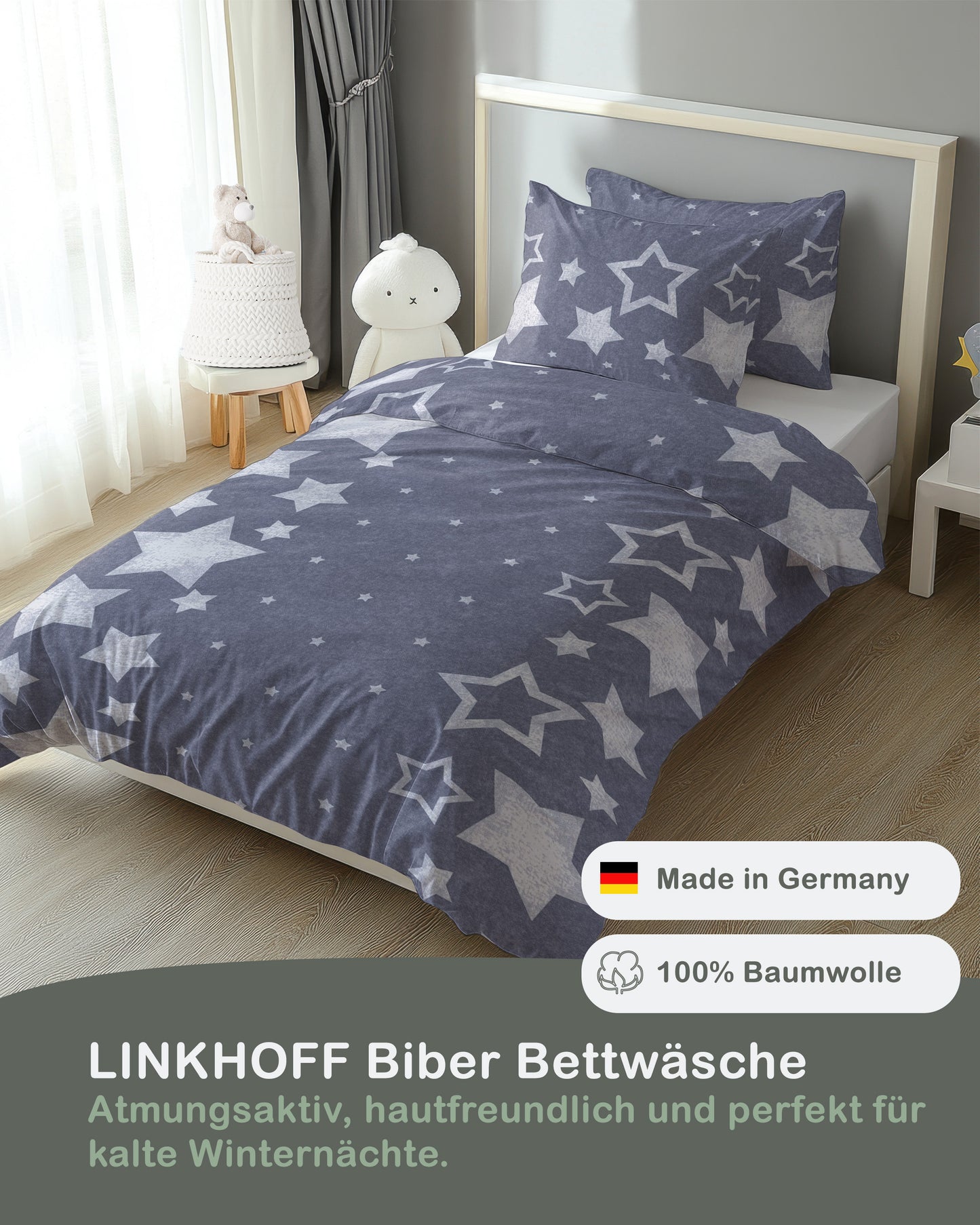 Biber Bettwäsche-Set 135x200cm Sterne Motiv in Navyblau