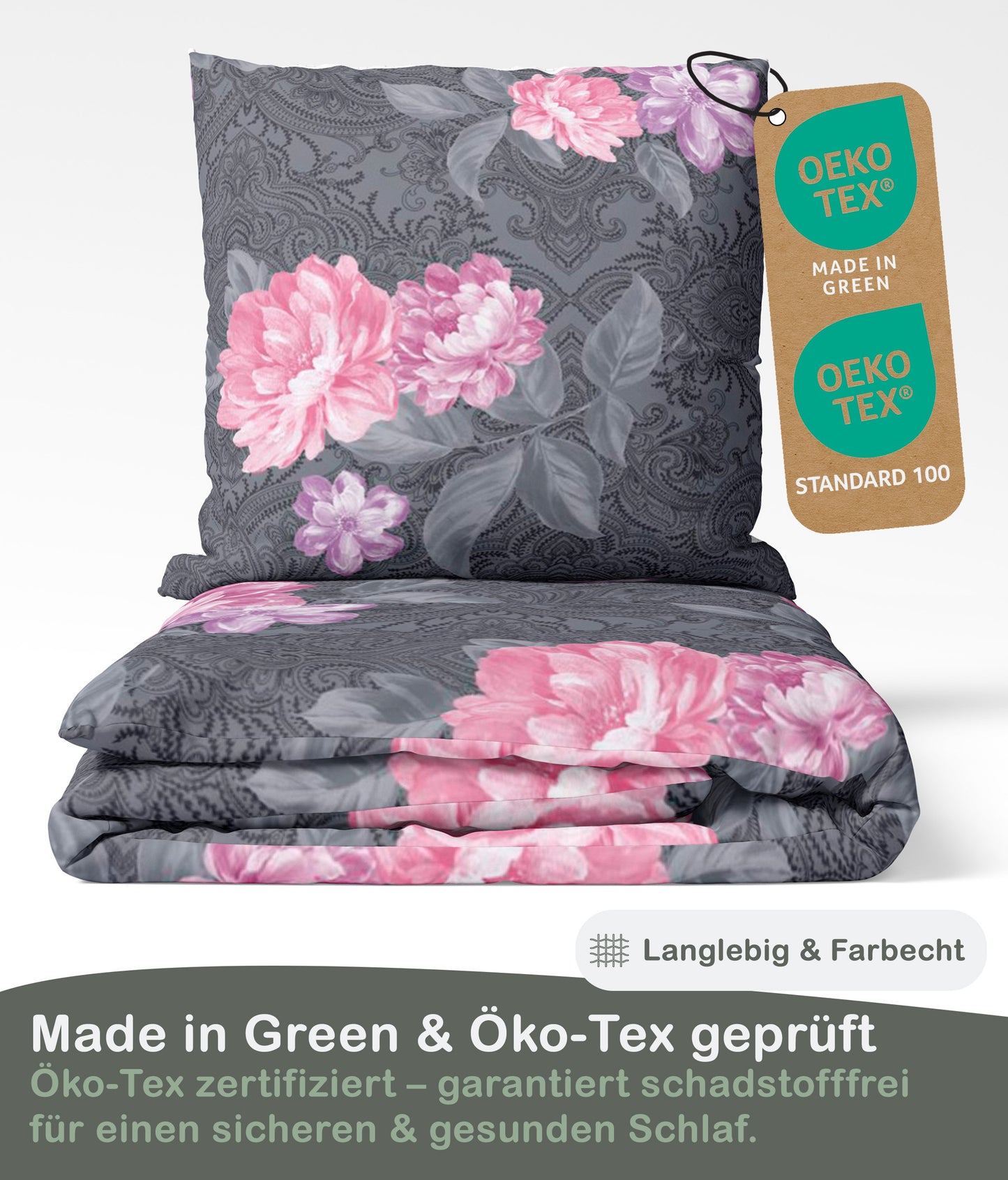 Biber Bettwäsche-Set Rosenmotiv Anthrazit