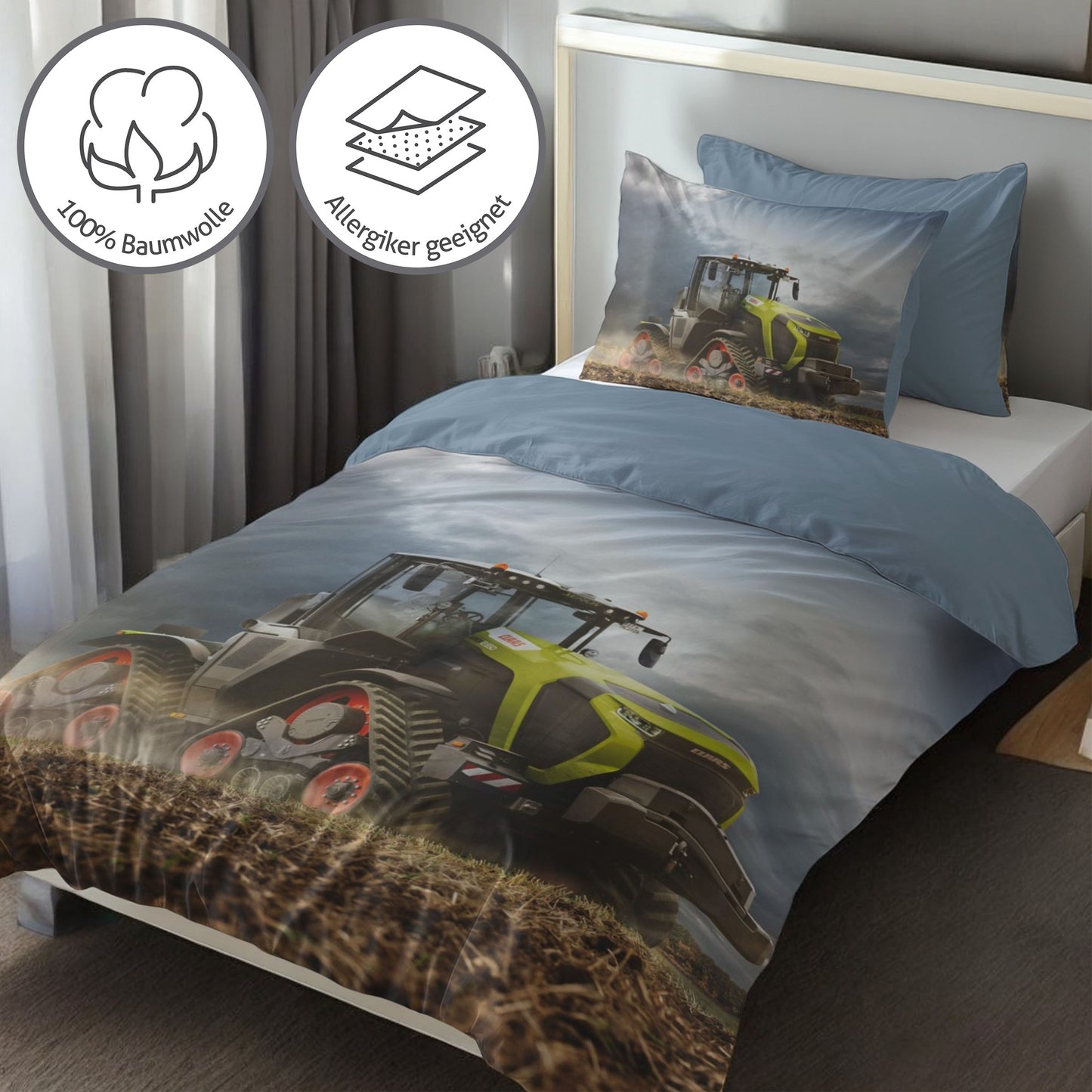 Claas XERION Bettwäsche-Set 135x200cm Traktor Motiv in Blau