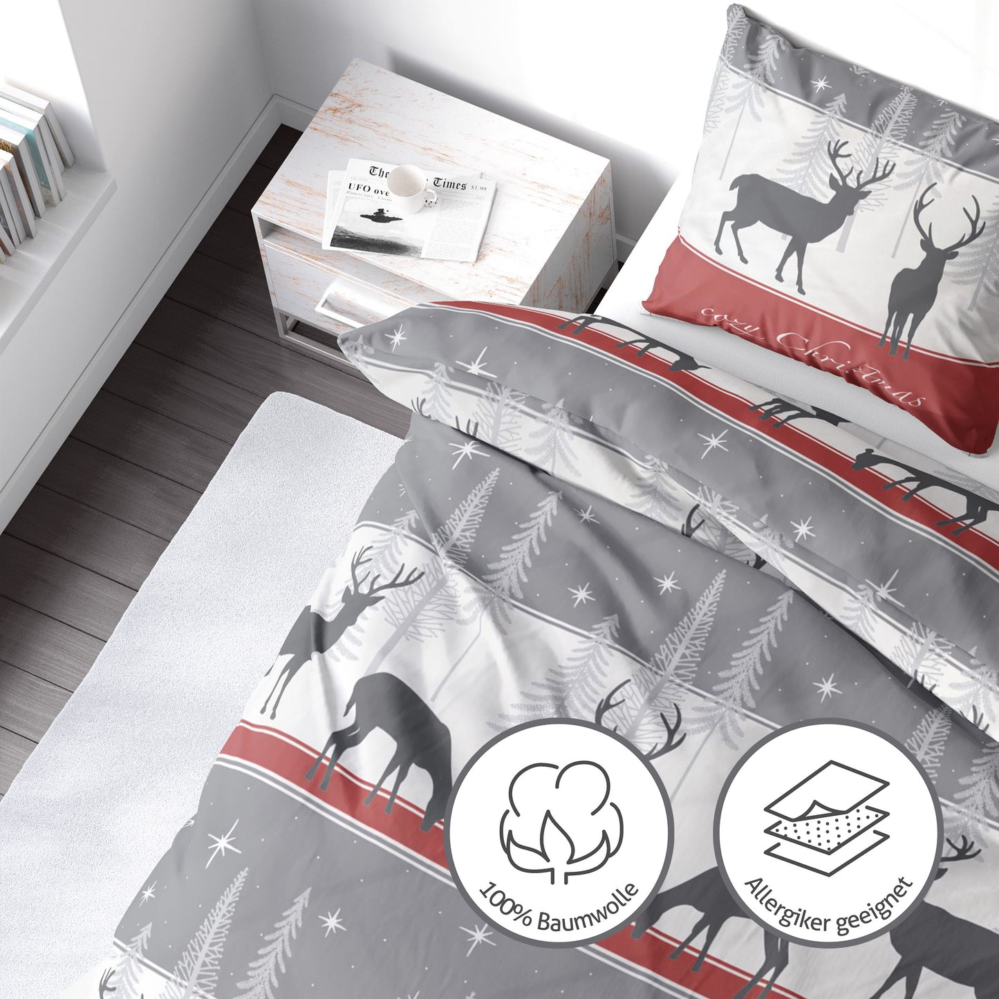 Biber Bettwäsche-Set Cozy Christmas in Grau Rot Weihnachtsbettwäsche