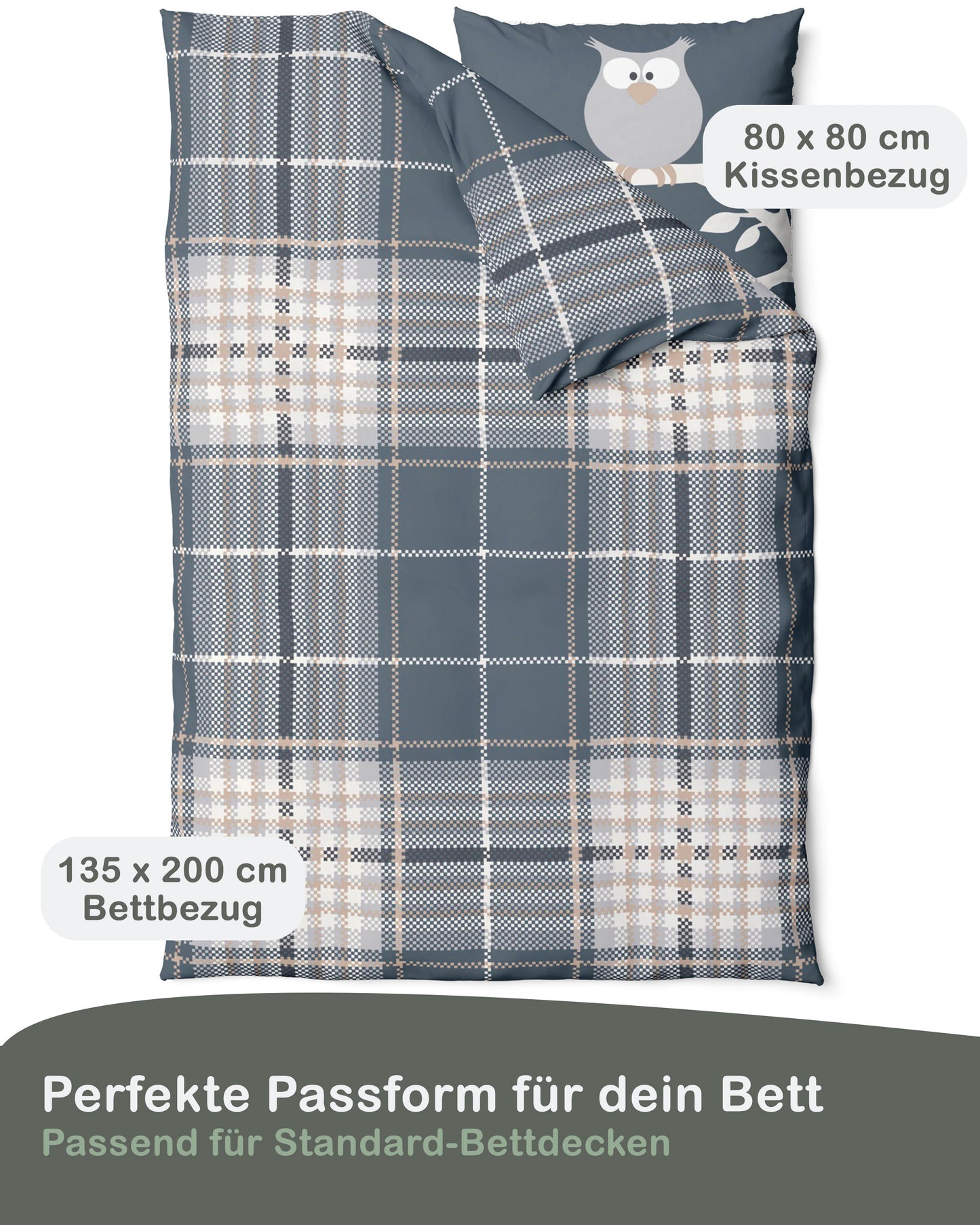 Biber Bettwäsche-Set 135x200cm Eulenmotiv in Navyblau
