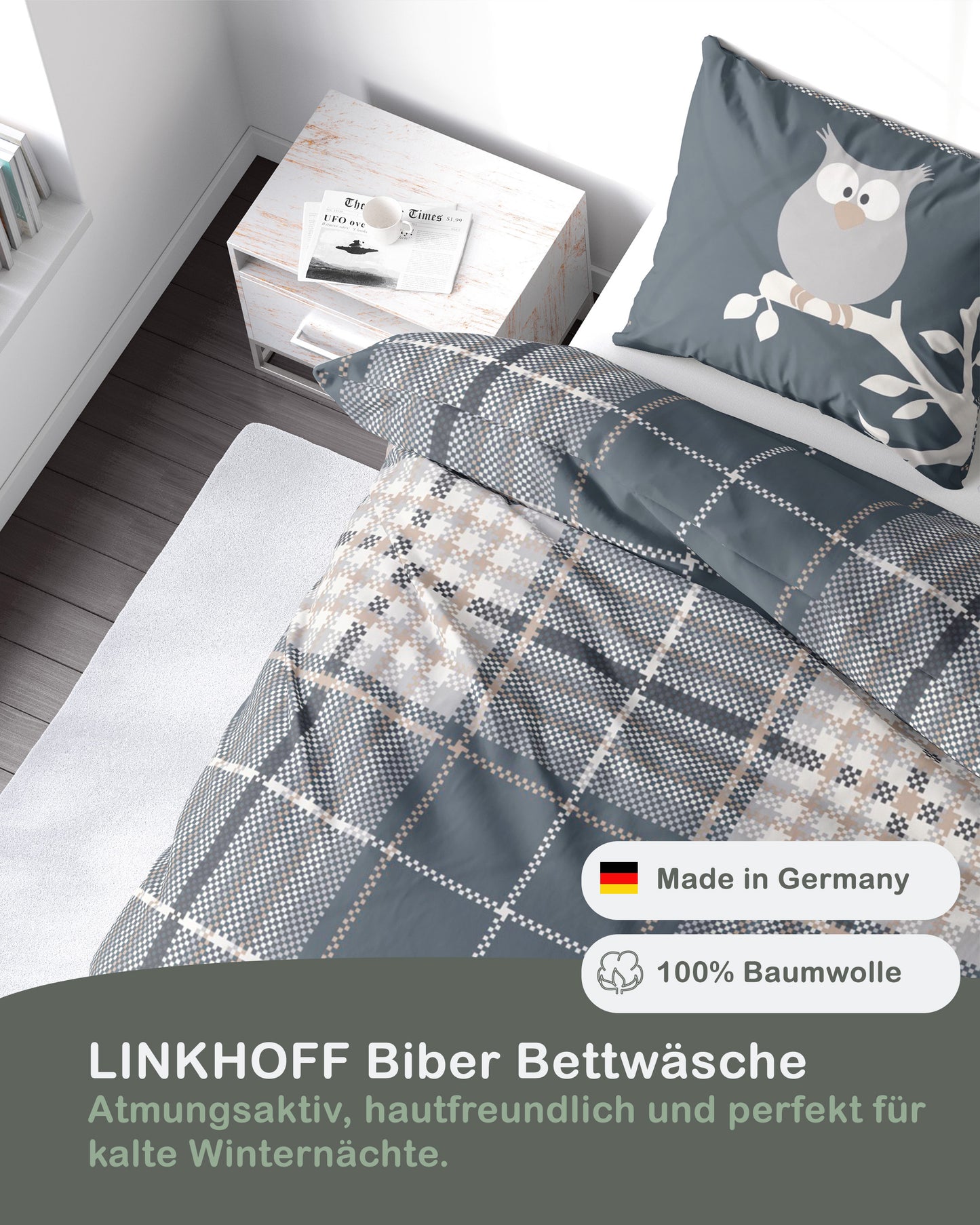 Biber Bettwäsche-Set 135x200cm Eulenmotiv in Navyblau