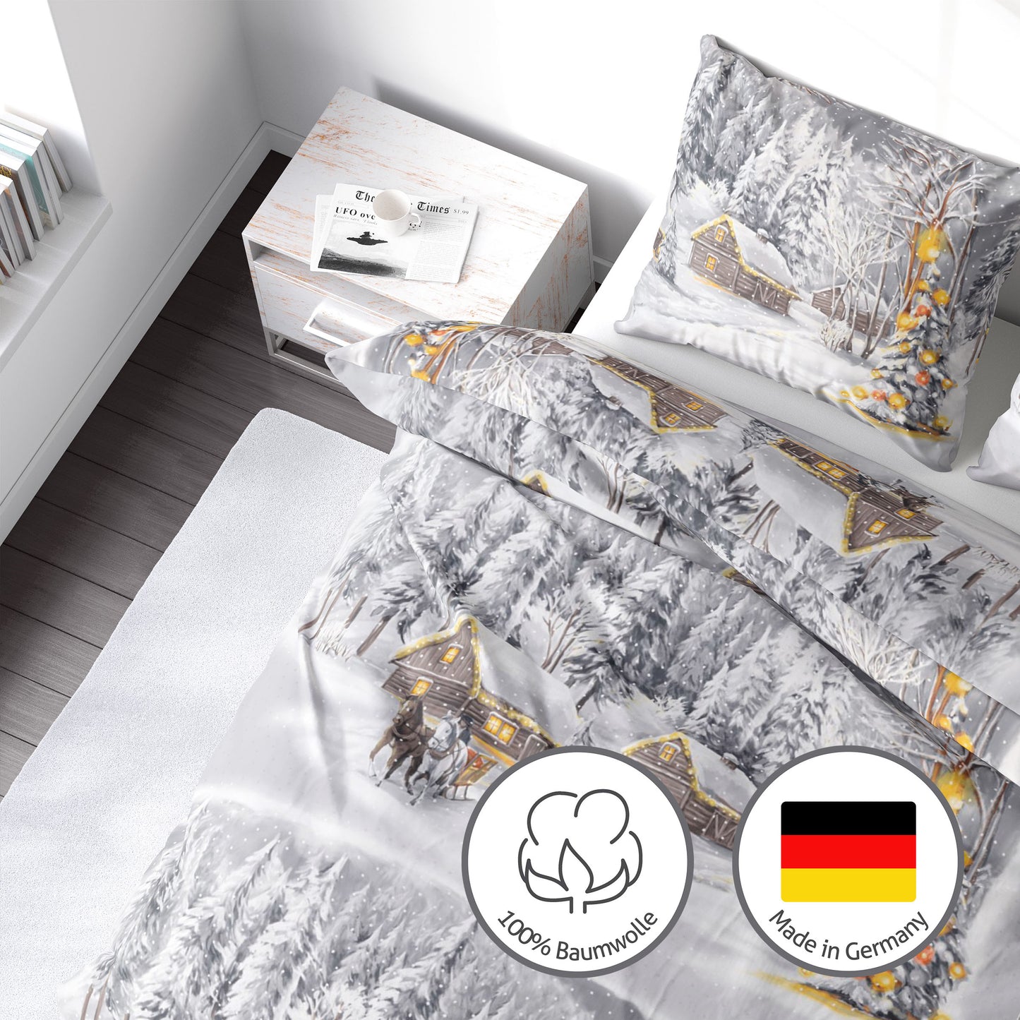Biber Bettwäsche-Set Winterlandschaft in Grau Winterbettwäsche